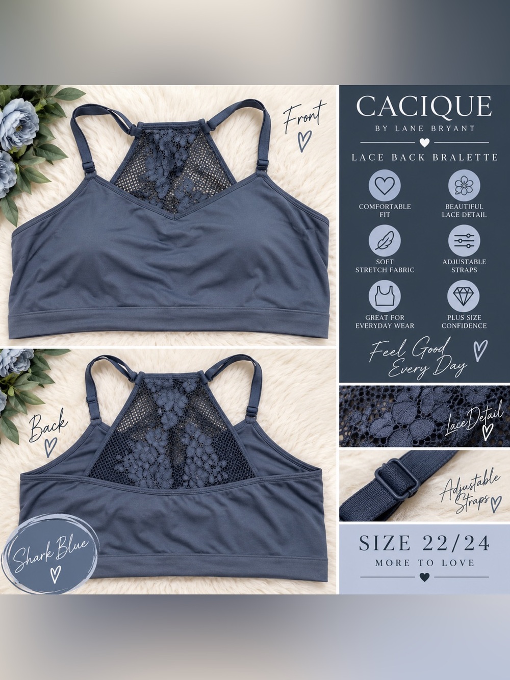 💙 Cacique Shark Blue Lace-Back Bralette — Size 18/20